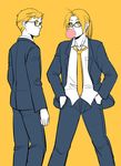  alphonse_elric alternate_costume bespectacled blonde_hair brothers bubble_blowing chewing_gum edward_elric fullmetal_alchemist glasses hands_in_pockets jacket multiple_boys necktie pai_(1111) ponytail school_uniform siblings yellow_background yellow_eyes 