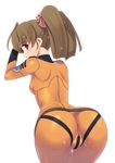  ahoge ass bad_id bad_pixiv_id belt bent_over blush bodysuit brown_eyes brown_hair cameltoe from_behind jiji looking_back misaki_yuria orange_bodysuit simple_background solo thigh_gap twintails uchuu_senkan_yamato uchuu_senkan_yamato_2199 white_background 