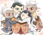  ahoge blush can card cat chibi drinking food formal fruit fullmetal_alchemist isaac_macdougal kotatsu male_focus miles_(fma) multiple_boys ntm playing_card ponytail red_eyes scar scar_(fma) senbei sleeping solf_j_kimblee suit table white_hair white_suit 