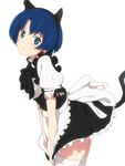  alternate_costume animal_ears ano_natsu_de_matteru apron ascot bad_id bad_pixiv_id black_dress blue_eyes blue_hair blush cat_ears cat_tail dress enmaided fake_animal_ears kemonomimi_mode leaning_forward maid ogipote short_hair skirt skirt_pull solo tail tanigawa_kanna thighhighs white_legwear zettai_ryouiki 