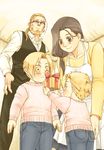  3boys alphonse_elric apron beard blonde_hair blush box brothers brown_eyes brown_hair child edward_elric facial_hair family father_and_son fullmetal_alchemist gift gift_box husband_and_wife leaning_forward long_hair mother_and_son multiple_boys pai_(1111) pink_sweater ponytail short_hair siblings sweater trisha_elric van_hohenheim yellow_eyes younger 