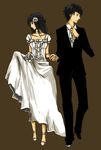  black_hair couple dress flower formal hand_holding hikari_(pokemon) kouki_(pokemon) pokemon rose suit tuxedo wedding wedding_dress 