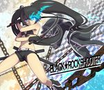  bikini_top black_hair black_rock_shooter black_rock_shooter_(character) blue_eyes boots burning_eye chain dual_wielding glowing glowing_eye holding long_hair looking_at_viewer midriff navel scar short_shorts shorts solo sword takuroo twintails weapon 