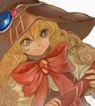  3838383 beryl_benito blonde_hair bow bowtie closed_mouth curly_hair face freckles hat holding long_hair looking_at_viewer pink_bow smile solo tales_of_(series) tales_of_hearts witch_hat yellow_eyes 