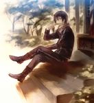  bad_id bad_pixiv_id bandana black_hair boots box can donation_box drink male_focus mg_(mica) mouth_hold noragami outdoors shrine sitting solo squid stairs tree yato_(noragami) 