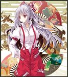  bad_id bad_pixiv_id bird bow buttons collar egasumi fan flower folding_fan fujiwara_no_mokou hair_bow highres long_hair long_sleeves looking_away open_mouth pants patterned red_eyes shirt silver_hair solo standing suspenders tamago_gohan touhou windowboxed 