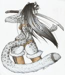  clothed clothing feline female hair kaia_bloodrave leopard long_hair mammal plain_background skimpy snow_leopard solo sword weapon white_background 