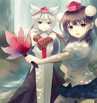  animal_ears bad_id bad_pixiv_id bare_shoulders black_hair chirosuke detached_sleeves gloves hand_on_hilt hand_on_hip hat inubashiri_momiji multiple_girls open_mouth outstretched_arms pointy_ears red_eyes shameimaru_aya shield shirt short_hair silver_hair skirt smile sword tokin_hat touhou weapon wolf_ears 