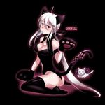  2012 ahoge animal animal_ears ass bare_shoulders bell black_background black_legwear blush breasts caffein cat cat_day cleavage cleavage_cutout covered_nipples dated fish gloves highres large_breasts long_hair looking_at_viewer looking_back mouth_hold no_shoes paw_gloves paws red_eyes ribbon shiny shiny_skin silver_hair simple_background sitting solo tail thighhighs very_long_hair vocaloid wariza yowane_haku yowaneko 
