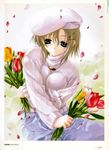  absurdres beret breasts flower hat highres medium_breasts miwa_yoshikazu original petals short_hair sweater tulip 