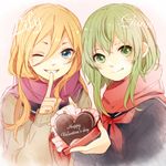  blonde_hair blue_eyes character_name chocolate chocolate_heart enpera finger_to_mouth green_eyes green_hair grin gumi happy_valentine heart lily_(vocaloid) long_hair looking_at_viewer multiple_girls one_eye_closed scarf school_uniform serafuku short_hair short_hair_with_long_locks sidelocks smile tama_(songe) text_focus valentine vocaloid 