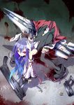  animal_ears bare_shoulders bent_over black_legwear blood blue_hair bullet bunny_ears bunny_tail cigarette detached_sleeves gun huge_weapon ichiyan long_hair red_eyes reisen_udongein_inaba rifle solo tail thighhighs torn_clothes touhou weapon 