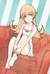  bad_id bad_pixiv_id banned_artist barefoot blonde_hair highres kaimu_kawasaki long_hair monogatari_(series) nisemonogatari oshino_shinobu sitting smile solo yellow_eyes 