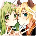  1girl :&lt; aa_subarashiki_nyansei_(vocaloid) animal_ears argyle argyle_background bell bell_collar blonde_hair blue_eyes cat_day cat_ears cheek-to-cheek collar double_v face green_eyes green_hair gumi kagamine_len looking_at_viewer number short_hair short_hair_with_long_locks sidelocks tama_(songe) v vocaloid 