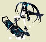  bad_id bad_pixiv_id bikini_top black_hair black_rock_shooter black_rock_shooter_(character) blue_eyes boots burning_eye cannon coat full_body glowing highres huge_weapon long_hair looking_at_viewer midriff navel pale_skin platina77 scar short_shorts shorts simple_background solo star sword twintails weapon 