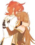  1girl blush brown_hair closed_eyes couple gloves heco6_6 hetero hug long_hair luke_fon_fabre red_hair tales_of_(series) tales_of_the_abyss tear_grants white_background 