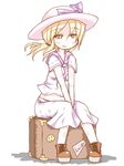  blonde_hair blush hat ibuki_(clover_club) luize midriff ponytail short_hair simple_background sitting skirt smile solo suitcase touhou touhou_(pc-98) v_arms white_background yellow_eyes 