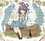  bad_id bad_pixiv_id black_cat black_footwear blue_dress blue_eyes blue_hair cat dress flower hair_ornament hair_rings hair_stick hands_on_headphones highres itomugi-kun kaku_seiga leaf mouth_hold number ofuda plant puffy_sleeves shawl shoes short_hair short_sleeves sitting smile solo touhou tree vest white_legwear 