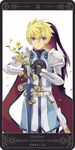  back-to-back black_hair blonde_hair blue_eyes cape expressionless flower flynn_scifo gloves justice_(tarot_card) long_hair male_focus md5_mismatch motoko_(ambiy) multiple_boys red_cape rounded_corners scales sword tales_of_(series) tales_of_vesperia tarot weapon white_background yuri_lowell 