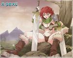  breasts crimeglass green_eyes large_breasts mountain red_hair rock rocks sword tree tyra weapon x-teal x-teal2 