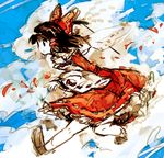  ascot bad_id bad_pixiv_id bow brown_eyes brown_hair cloud detached_sleeves hair_bow hair_tubes hakurei_reimu lowres namie-kun short_hair solo touhou 