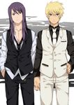  alternate_costume black_eyes black_hair blonde_hair contemporary expressionless flynn_scifo formal hand_in_pocket hand_on_hip hands holding_hands long_hair male_focus multiple_boys necktie su_(113232) suit tales_of_(series) tales_of_vesperia yuri_lowell 