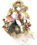  alice_margatroid black_dress blonde_hair bonnet book bow capelet doll dress flower frills green_eyes hair_bow hairband highres pink_dress red_flower red_rose rose short_hair simple_background smile solo sugi touhou traditional_media wavy_hair white_background wings yellow_dress 