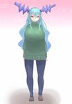  :&lt; aqua_hair breasts chichigami_oni cool-kyou_shinja green_shirt huge_breasts long_hair original pants red_eyes shirt solo sweater very_long_hair wavy_hair 