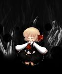  ascot bad_id bad_pixiv_id black_background black_skirt blonde_hair blush child closed_eyes cocozasa dark hair_ribbon highres open_mouth outstretched_arms ribbon rumia safety_pin shirt short_hair skirt skirt_set solo touhou 