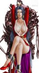  aqua_eyes areola_slip areolae arms_up blue_hair boa_hancock breasts chain cleavage crossed_legs cuffs earrings handcuffs high_heels highres horns jewelry large_breasts long_hair one_piece restrained shoes simple_background sitting skull snake_earrings solo toten_(der_fuhrer) watermark 