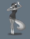  canine clothing female grey_background mammal necklace plain_background senura shorts solo standing 