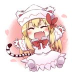  :d animal_ears blonde_hair blush bow chibi closed_eyes fang hat heart kemonomimi_mode lily_white long_hair open_mouth outstretched_arms paws shirt sitting skirt smile solo tail tiger_ears tiger_paws tiger_tail touhou yutamaro 