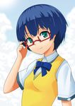  adjusting_eyewear ano_natsu_de_matteru blue_hair bow glasses green_eyes highres red-framed_eyewear school_uniform shiratsuki_(wscbsrw0904) short_hair smile solo sweater_vest tanigawa_kanna 