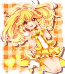  bike_shorts blonde_hair boots bow bowtie choker cure_peace double_v electricity eyelashes full_body hair_flaps hair_ornament hairpin heart kise_yayoi long_hair magical_girl orange_background orange_choker orange_neckwear plaid plaid_background precure shorts shorts_under_skirt shy skirt smile_precure! solo uzuki_aki v wide_ponytail yellow yellow_bow yellow_eyes yellow_shorts yellow_skirt 