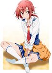  blush clothes_around_waist crossed_legs eyelashes grin hino_akane_(smile_precure!) indian_style nakahira_guy nanairogaoka_middle_school_uniform necktie ponytail precure red_eyes red_hair school_uniform short_hair sitting skirt sleeves_rolled_up smile smile_precure! socks solo sweater sweater_around_waist uniform v_arms 
