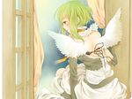  angel_wings aqua_eyes backless_dress backless_outfit bad_id bad_pixiv_id bare_back bare_shoulders black_gloves choker curtains dress elbow_gloves from_behind gloves green_hair gumi highres nemutagari profile short_hair sitting smile solo star_(sky) vocaloid white_dress white_wings window windowsill wings 