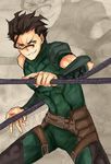  ahoge bad_id bad_pixiv_id black_hair dual_wielding fate/zero fate_(series) fighting_stance holding lancer_(fate/zero) male_focus polearm solo spear weapon xiongmaojun115 yellow_eyes zoom_layer 