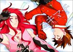  blue_eyes brown_hair closed_eyes coat copyright_name gloves headband lloyd_irving long_hair male_focus multiple_boys oirbme red_hair tales_of_(series) tales_of_symphonia white_background zelos_wilder 
