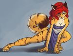  blue_eyes clothed clothing feline female hair looking_at_viewer mammal pose red_hair senura skimpy solo tiger 