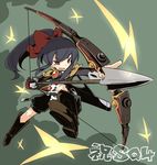  aiming arrow black_hair boots bow_(weapon) brown_eyes drawing_bow fang goggles holding holding_arrow holding_bow_(weapon) holding_weapon outstretched_arm ponytail raigou ribbon sekaiju_no_meikyuu sekaiju_no_meikyuu_4 sniper_(sekaiju) solo weapon 