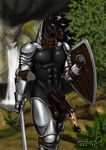 animal_genitalia armor balls biceps big_penis bottomless clothed clothing equine fur g1r0r0 half-dressed horse horsecock huge_penis male mammal muscles nipples pecs penis red_eyes shield solo sword thick_penis topless unconvincing_armor weapon 