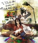  2boys animal_ears barefoot black_hair blanket book bookshelf cat cat_ears cat_tail frown indian_style inukashi kemonomimi_mode long_hair looking_at_viewer multiple_boys nezumi_(no.6) no.6 pants room saliva shion_(no.6) shirt short_hair shorts sitting sketch sleeping smile sweat tail text_focus toi8 too_many too_many_cats white_hair 
