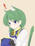  1girl animal_ears bad_id bad_pixiv_id blue_eyes blush cat_ears cat_tail green_hair hat hat_removed headwear_removed kemonomimi_mode nishi_masakazu shiki_eiki short_hair solo surprised tail touhou 