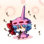  :3 bat_wings blue_hair blush bow brooch chibi commentary_request detached_wings dress eating food hat hat_bow hat_ribbon impaled jewelry mini_wings minigirl noai_nioshi pink_dress pocky remilia_scarlet ribbon short_hair sitting solo touhou wings you're_doing_it_wrong |_| 