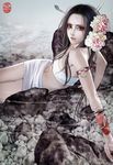  arm_support black_hair copyright_request flower hair_flower hair_ornament lips long_hair looking_at_viewer midriff miniskirt navel_piercing piercing signature skirt solo strapless tattoo tubetop water zhang_xiaobai 