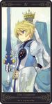  aqua_background armor blonde_hair blue_eyes flynn_scifo gradient gradient_background male_focus md5_mismatch motoko_(ambiy) rounded_corners shield solo surcoat sword tales_of_(series) tales_of_vesperia tarot the_emperor weapon white_background 