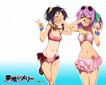  :d ;d bandeau bikini black_hair brown_eyes checkered checkered_swimsuit derivative_work eyewear_on_head fang front-tie_top green_eyes kounagi_yui multiple_girls navel one_eye_closed open_mouth ponytail purple_hair ribbon sandals short_hair side_ponytail smile sunglasses swimsuit tachibana_isana tan tanline third-party_edit ushiki_yoshitaka v vibrator wallpaper yumekui_merry 