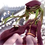  black_eyes gloves green_hair grey_legwear hat hatsune_miku long_hair looking_at_viewer medal midriff military military_uniform peaked_cap pleated_skirt senbon-zakura_(vocaloid) sitting skirt solo sora_to_umi thighhighs thighs twintails uniform vocaloid wide_sleeves 