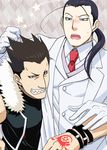  black_hair blush formal fullmetal_alchemist greed male_focus multiple_boys ntm ponytail sharp_teeth solf_j_kimblee suit teeth white_suit 