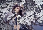  black_hair copyright_request flower lip_piercing lips long_hair piercing solo tree zhang_xiaobai 